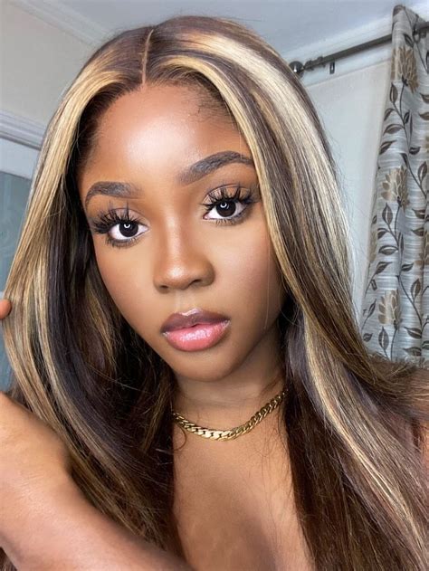 black hair with light brown and blonde highlights|honey blonde highlights black girl.